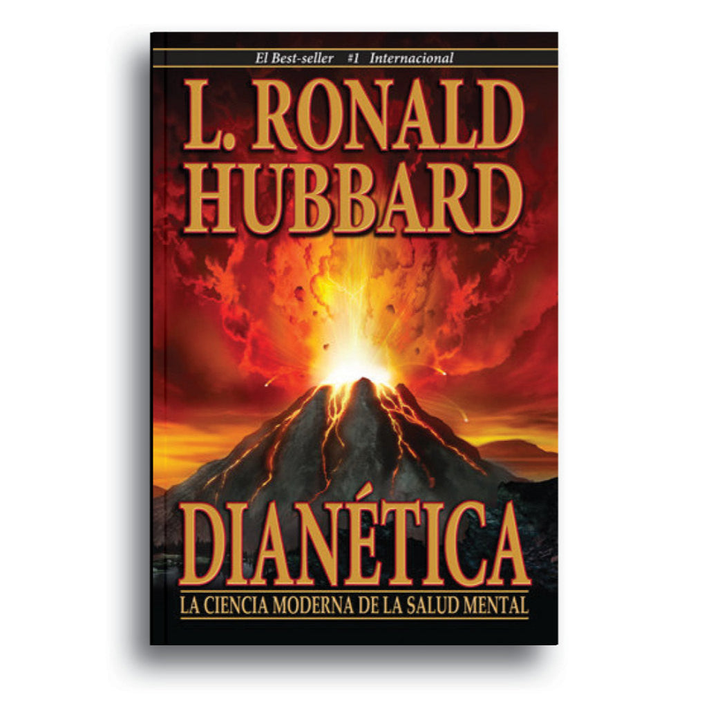 Book cover of 'Dianética' by L. Ronald Hubbard with a volcano and fiery background.